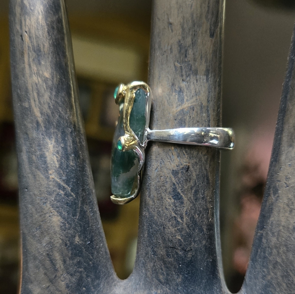 Moss Agate & Green Onyx Natural Gemstone Sterling & Gold Ring Sz7.5 - Picture 7 of 11